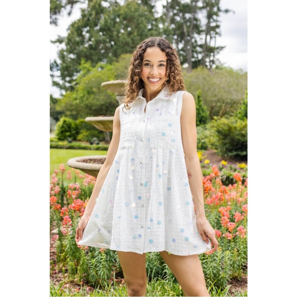 Queen of Sparkles White Checkered Sequin Shirt Dress Rhinestone Button L - Picture 4 of 14